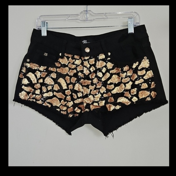 Boutique Brand Pants - Boutique Black Sequined Abstract Animal Print Shorts Glam Party Size M